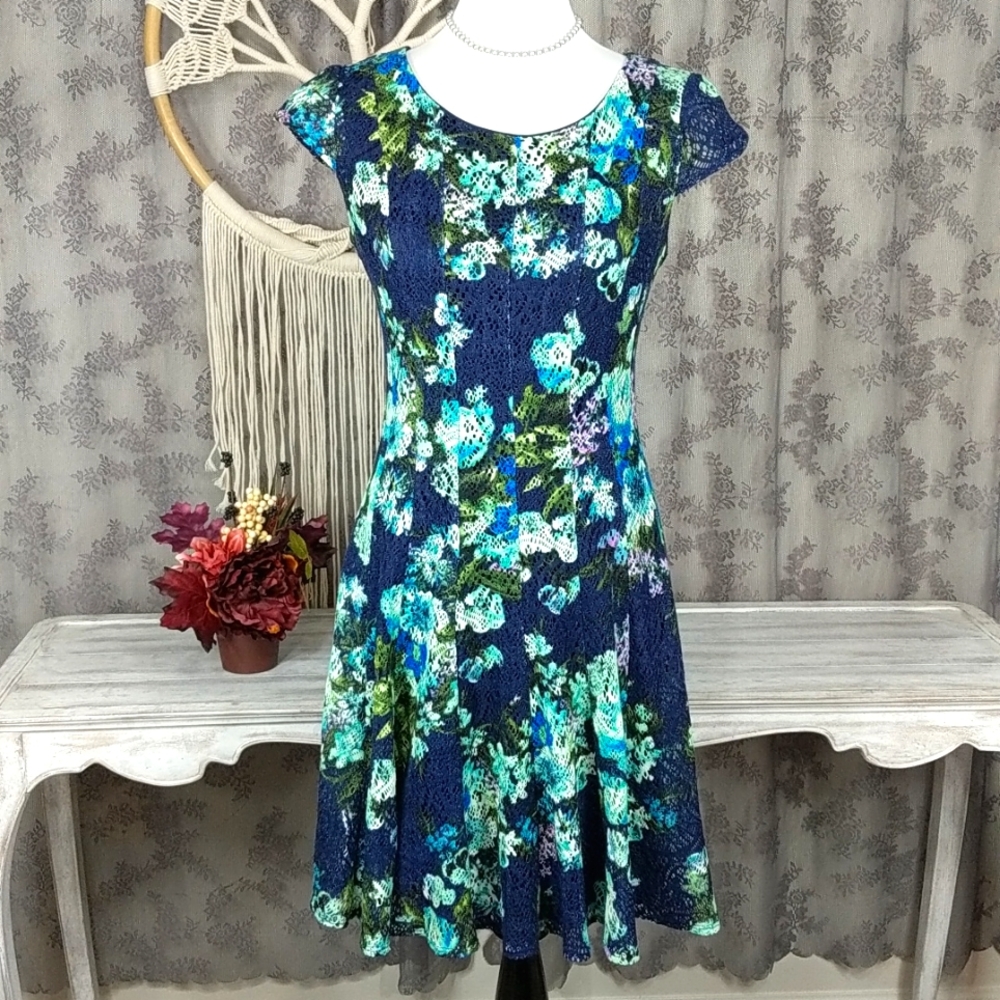Madison Leigh blue floral lace fit and flare dress